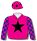 Hot pink, black star (b&f), hot pink & royal blue chequered sleeves, hot pink cap with black stars