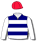 NAVY BLUE AND WHITE HOOPS, WHITE SLEEVES, RED CAP