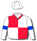 RED AND WHITE QUARTERS, WHITE SLEEVES, BLUE ARMBANDS, WHITE CAP
